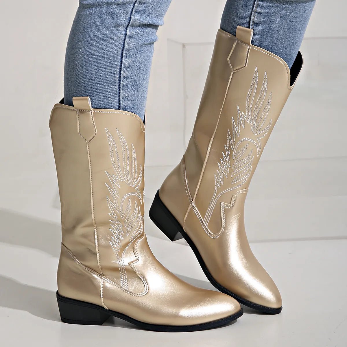 AMELIA | Stylowe kowbojskie buty ze skóry PU z miękką podszewką - Złoty
