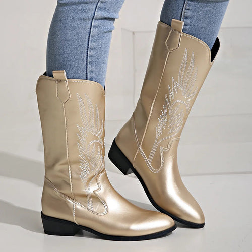 AMELIA | Stylowe kowbojskie buty ze skóry PU z miękką podszewką - Złoty